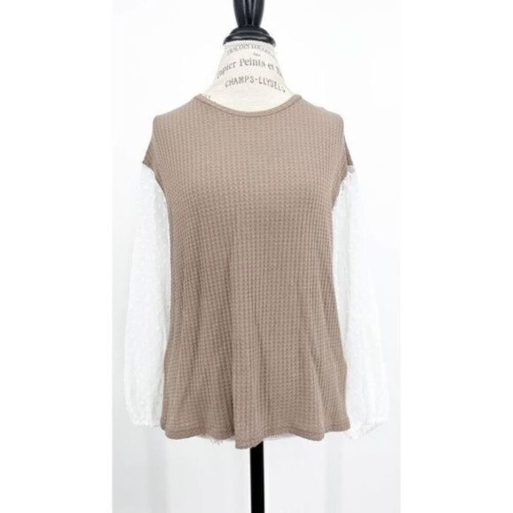 Tan Knitted Crewneck with White Long-sleeves Ladies' Blouse Sweater US 4